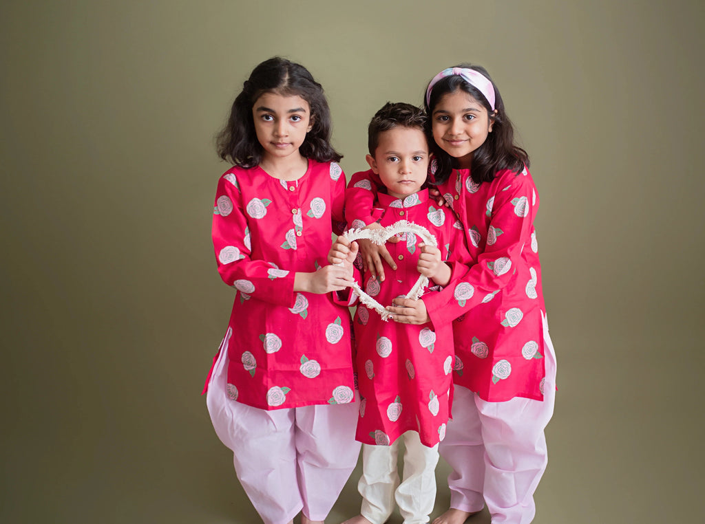 Blooming Red Kurta Pajama Set for Boys - Nimbu Singapore