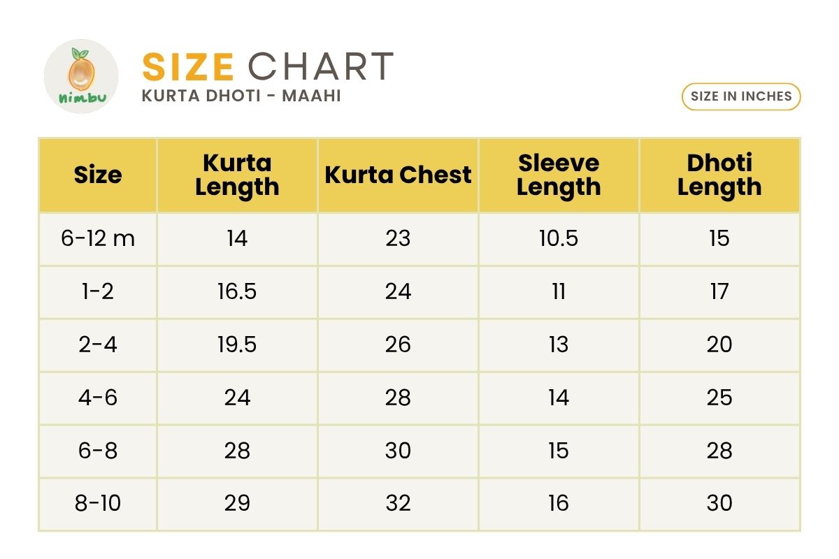 Size guide for Devi Coral Boys Handblock Kurta Dhoti