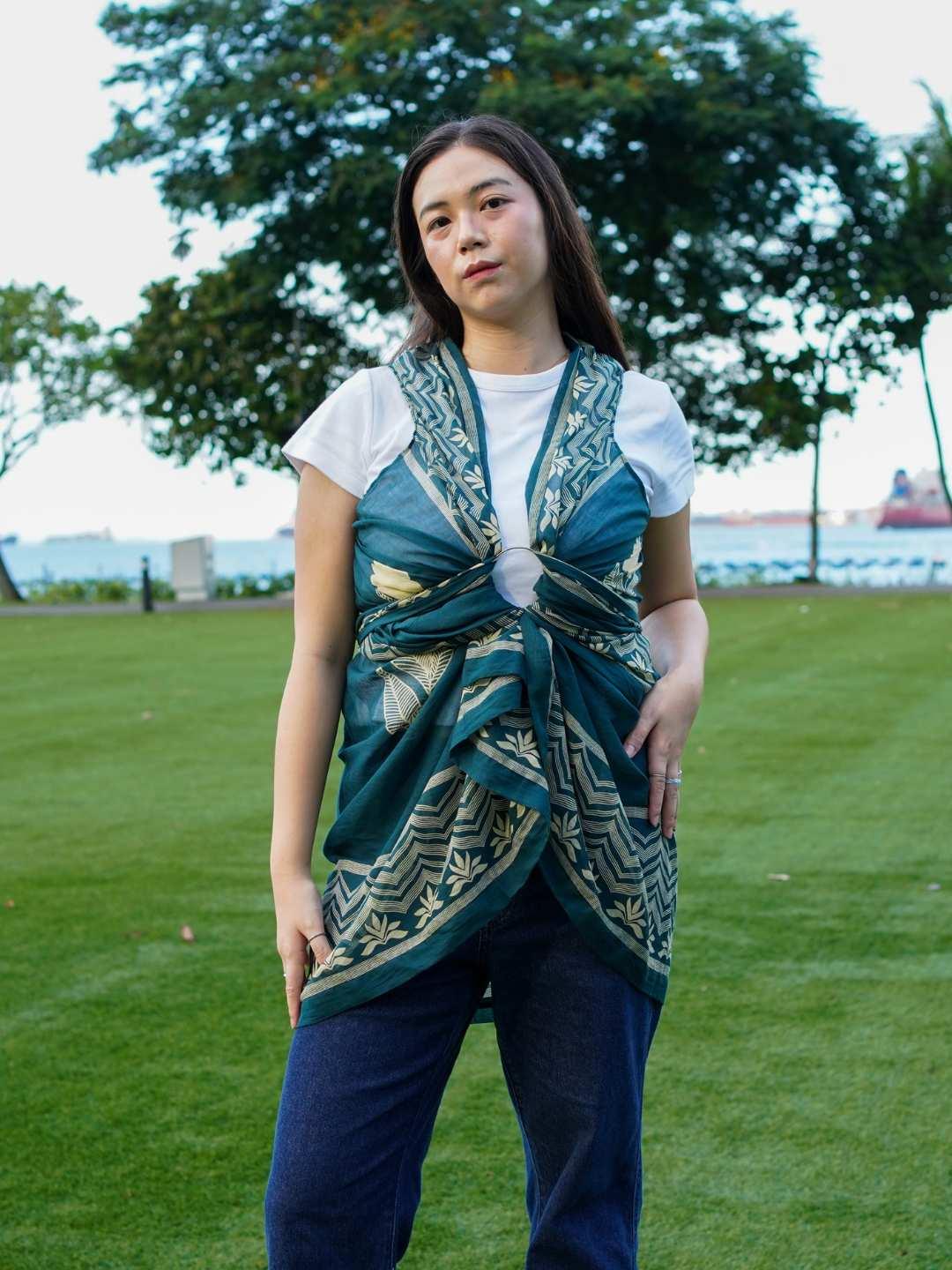 Indigo flower print sustainable cotton kimono styled over white tee, casual women's free size layered look.