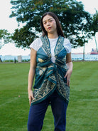 Indigo flower print sustainable cotton kimono styled over white tee, casual women's free size layered look.