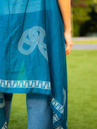 Indigo cotton kimono with pretzel print and patterned trim, sustainable and casual women's free size garment.