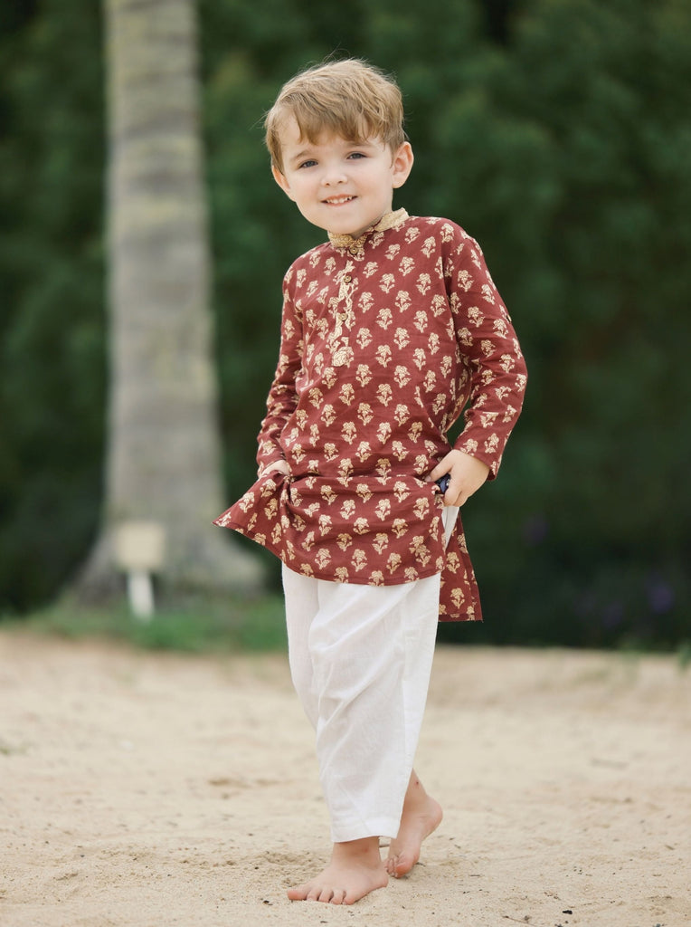 Boys Maroon Kurta Pajama Set in Soft Cotton - Ansh