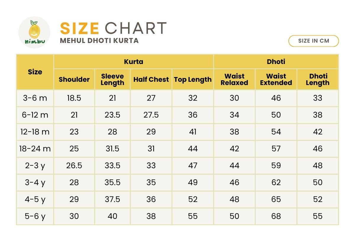 Size guide for Mehul Cotton Dhoti Kurta in Foil Print in Teal & Gold