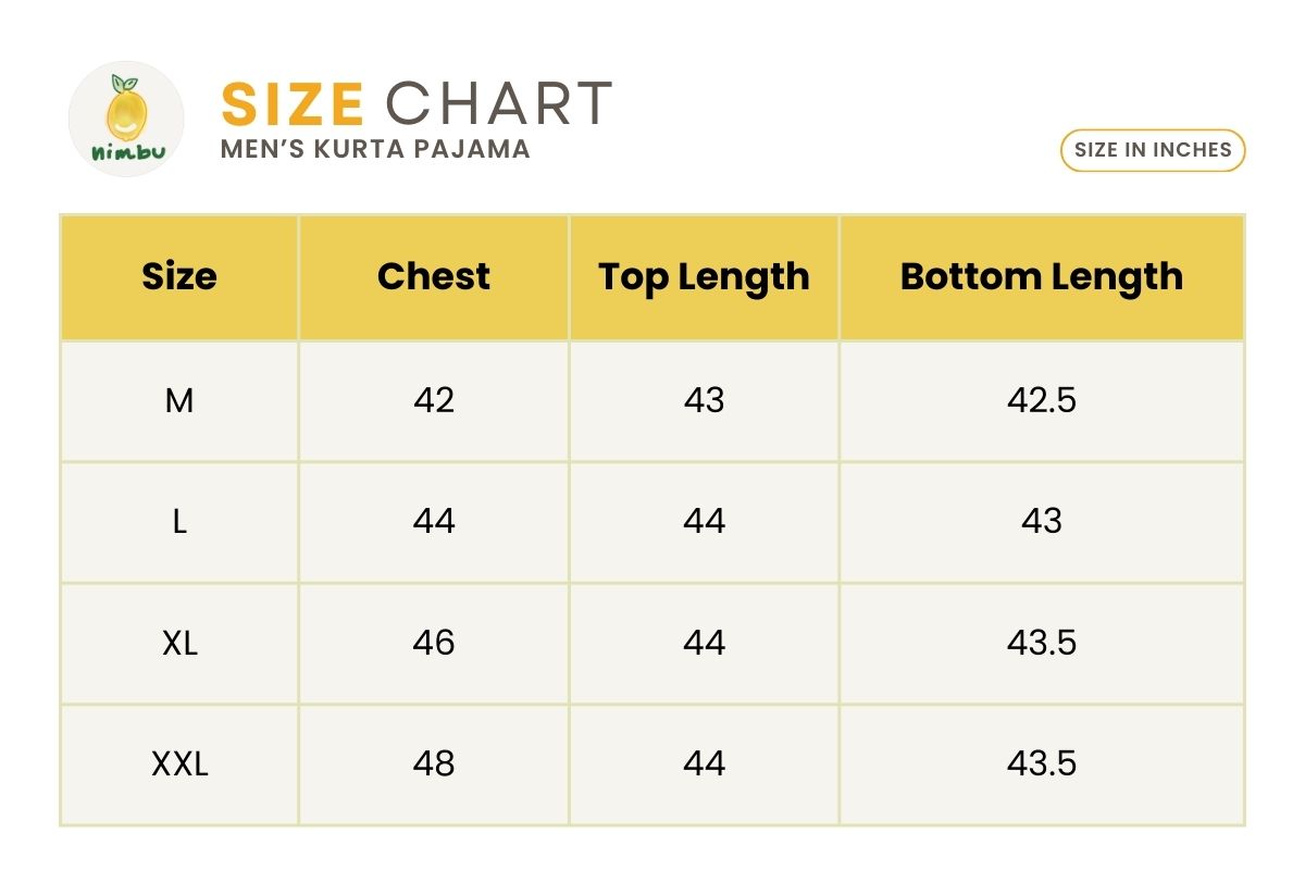 Size guide for Tara Blue Men's Kurta Pajama Set in Muslin Cotton