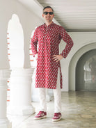 Jashn Handblock Booti Mens Kurta Pajama in Cotton