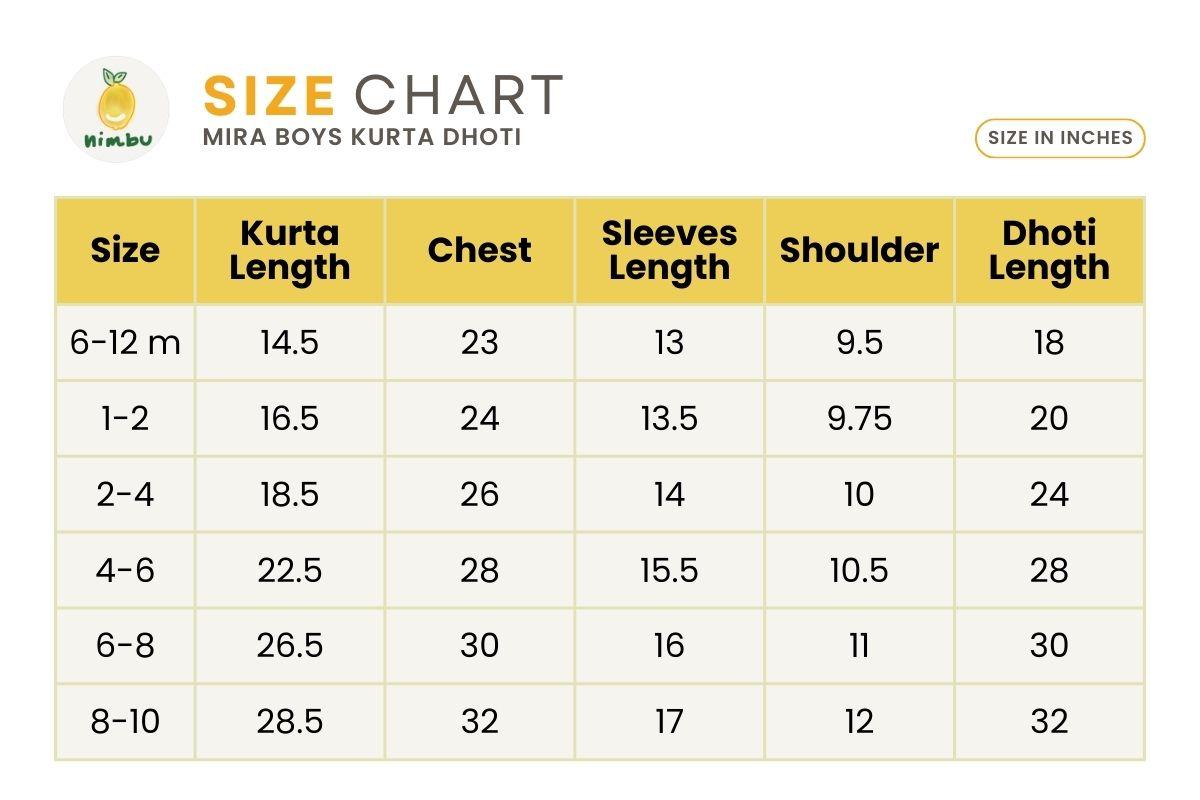 Size guide for Mira Blue Boys Kurta Dhoti in Cotton