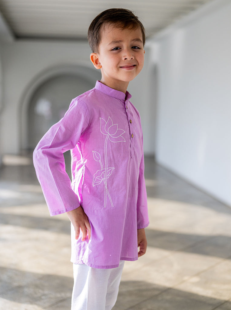 Nimbu singapore Embroidered Lotus Purple Kurta Pajama Set