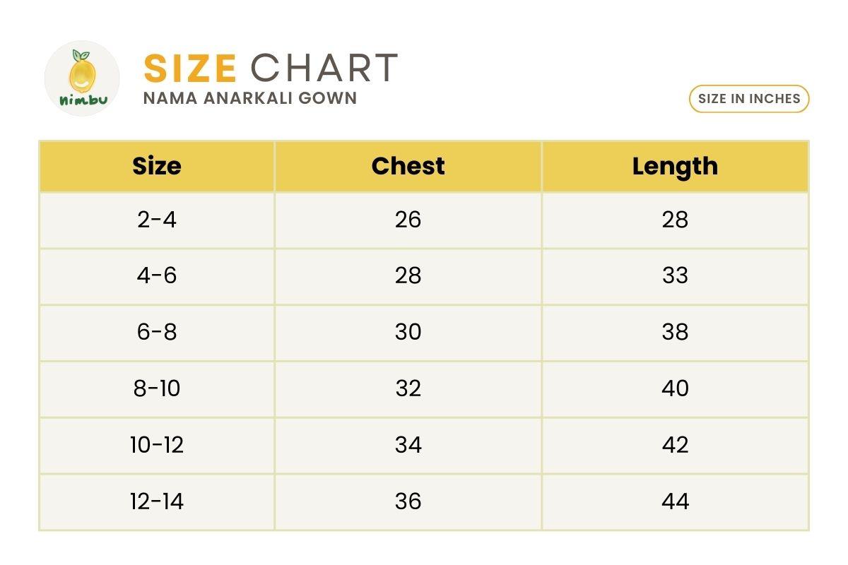 Size guide for Nama Girls Black Anarkali Gown Dress in Pink & Red