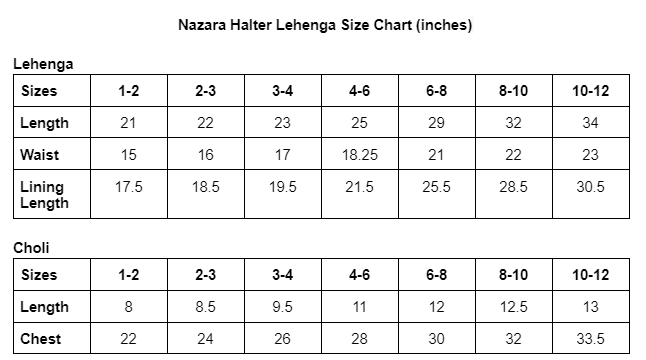 Nazara Halter Lehenga Size Chart