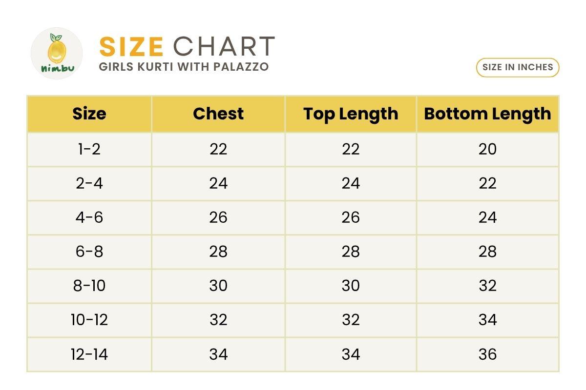 Size guide for Neera Sapphire Ice Cool Cotton Girls Kurti Dress & Palazzo Set