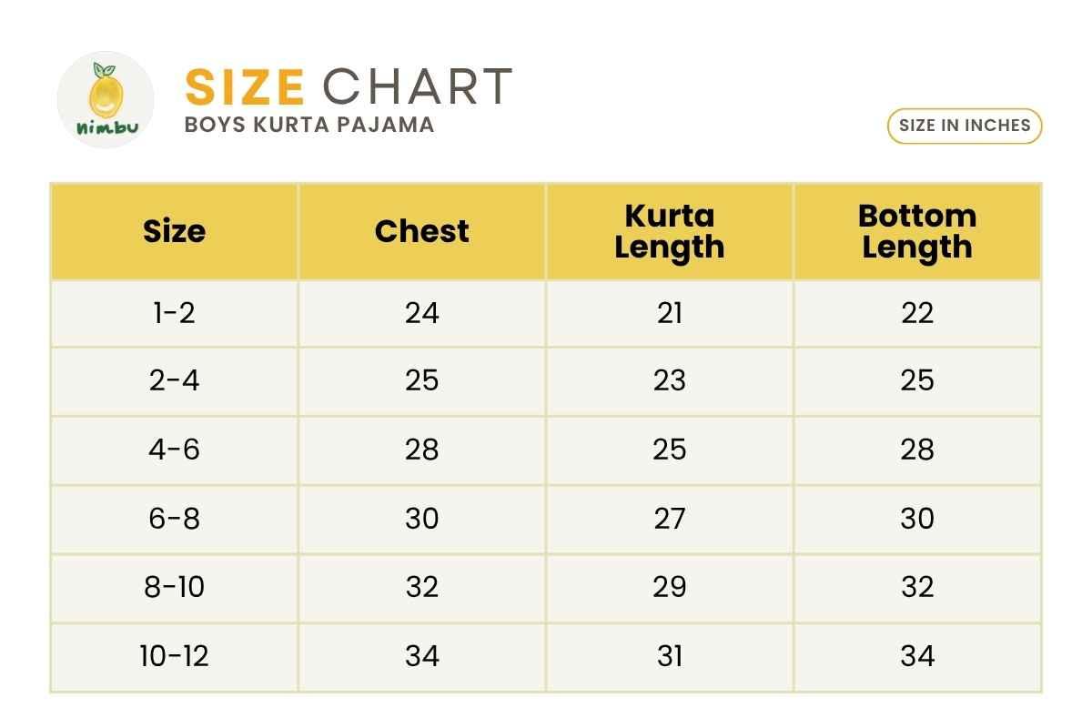 Size guide for Neera Sapphire Boys Kurta Pajama