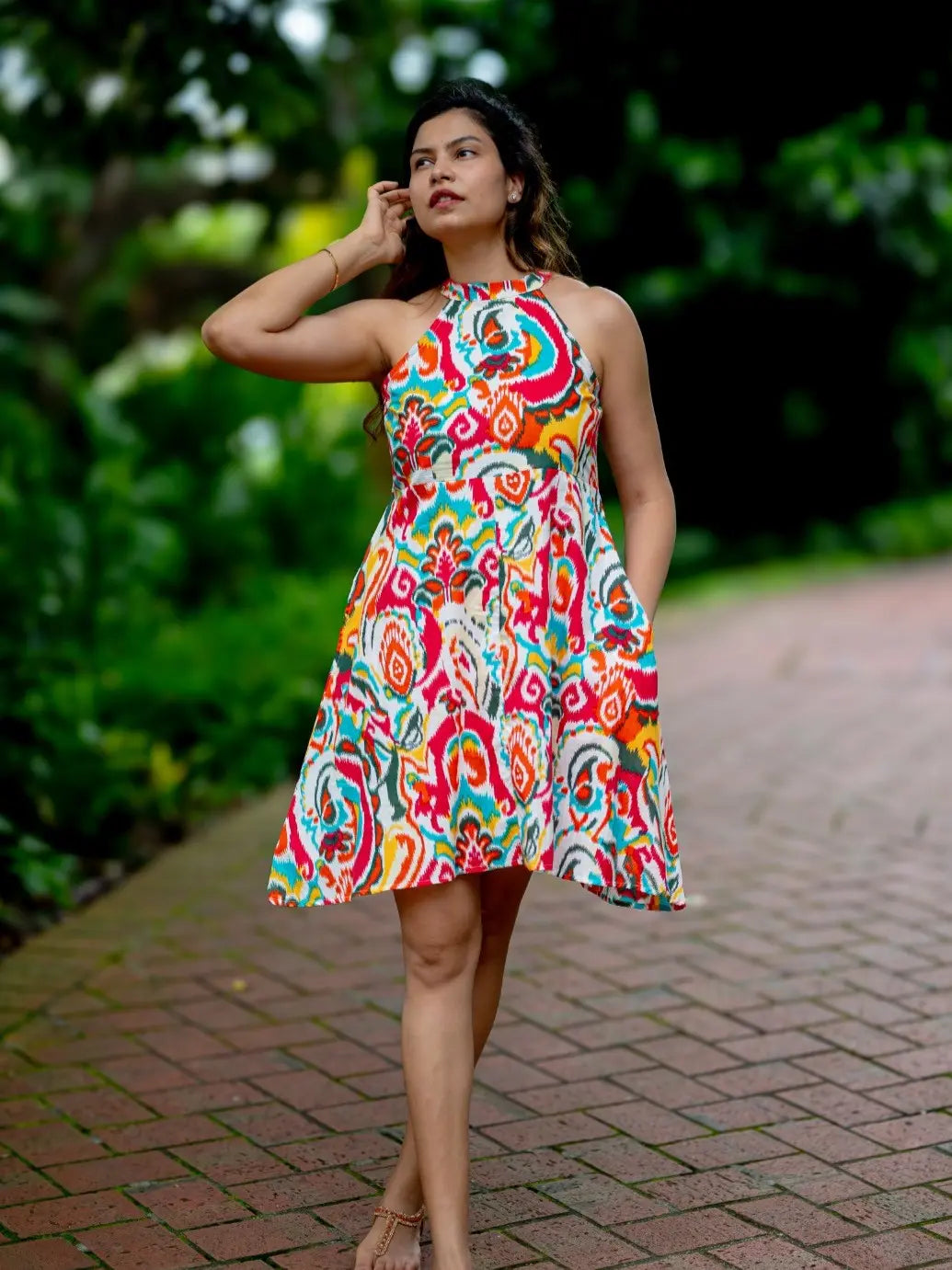 hawaii halter dress Women's Short with Pockets in Multicolor 25Octsalesection LoveShackFancy Angie Dress in Size:5X/32W-34W attending a summer gathering