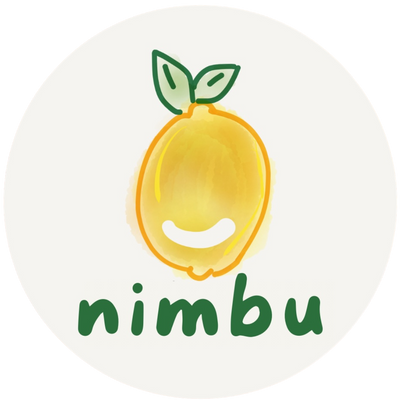 A circular logo featuring a yellow watercolor-style lemon with green leaves and a white smile, above the word 'nimbu' in green lowercase letters on a light gray background.