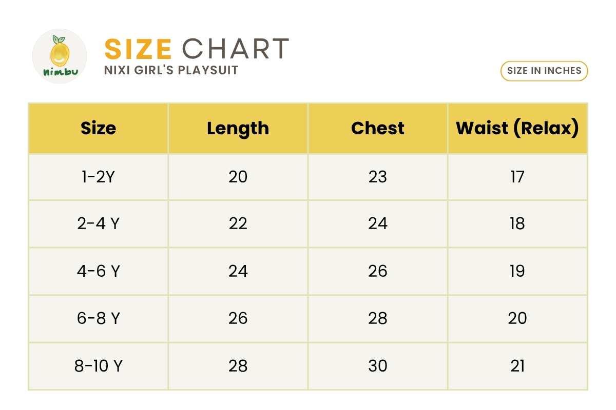 Size guide for Nixi Girls Playsuit in Geometric Blue