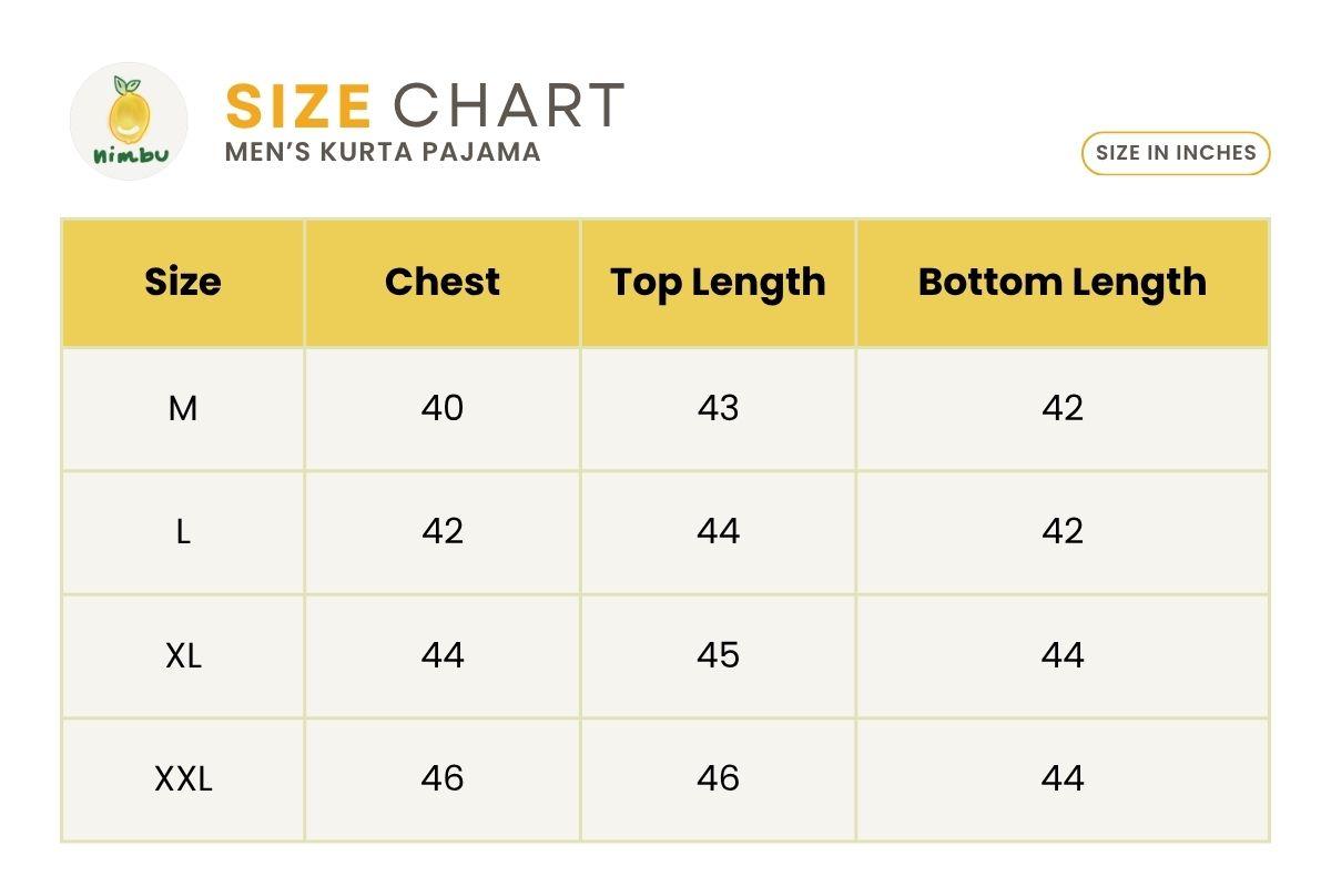 Size guide for Noor Mens Kantha Blue Cotton Kurta Pajama