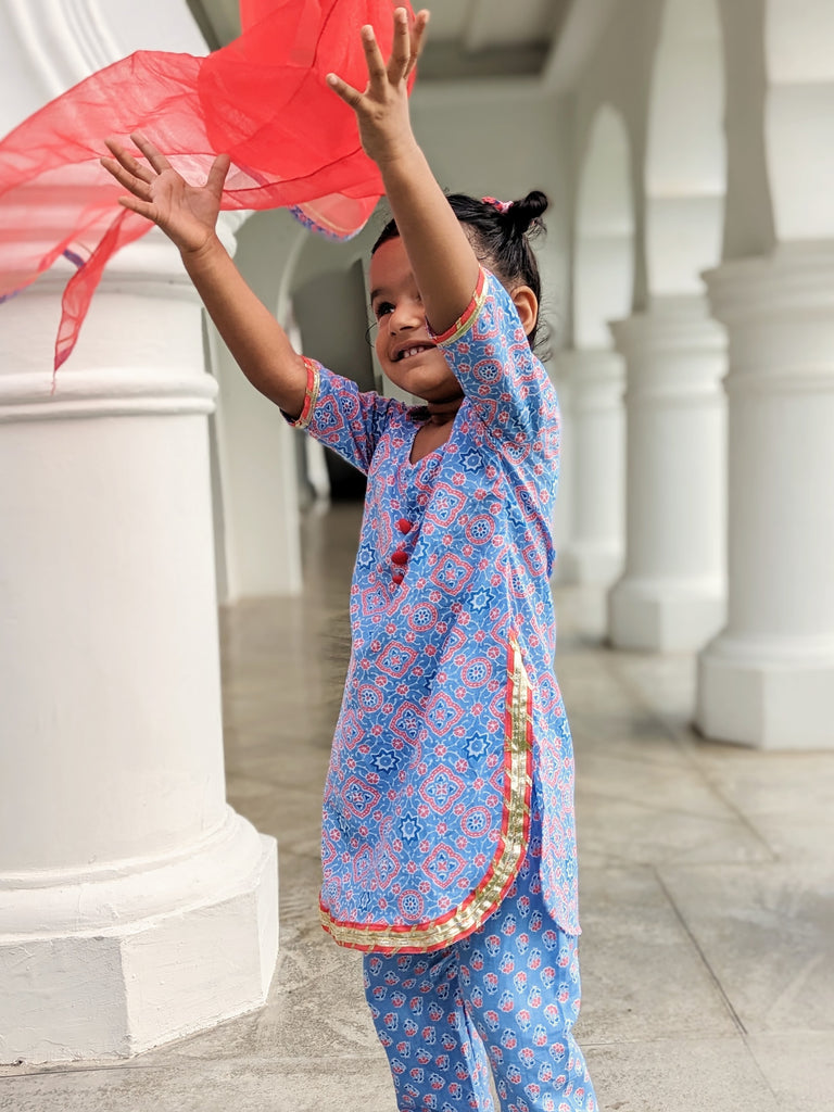 'Fida' Peranakan Inspired Girls Kurti with Pants Set in Blue & Red Nimbu SIngapore