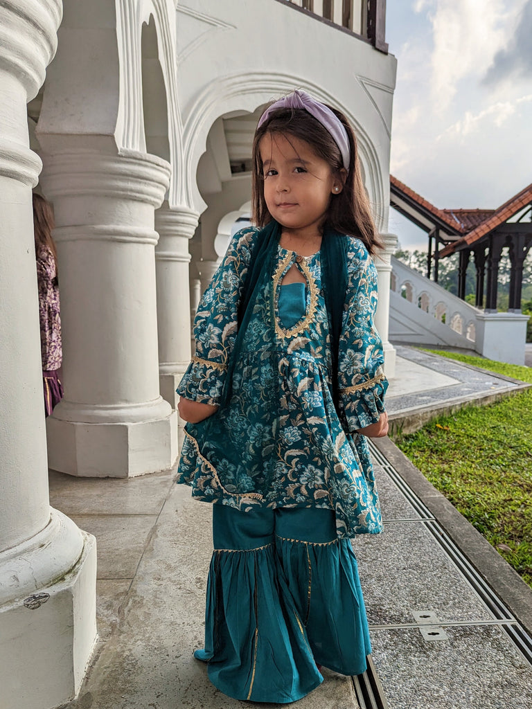 'Naaz' Sharara Set for girls in Teal Blue Nimbu Singapore