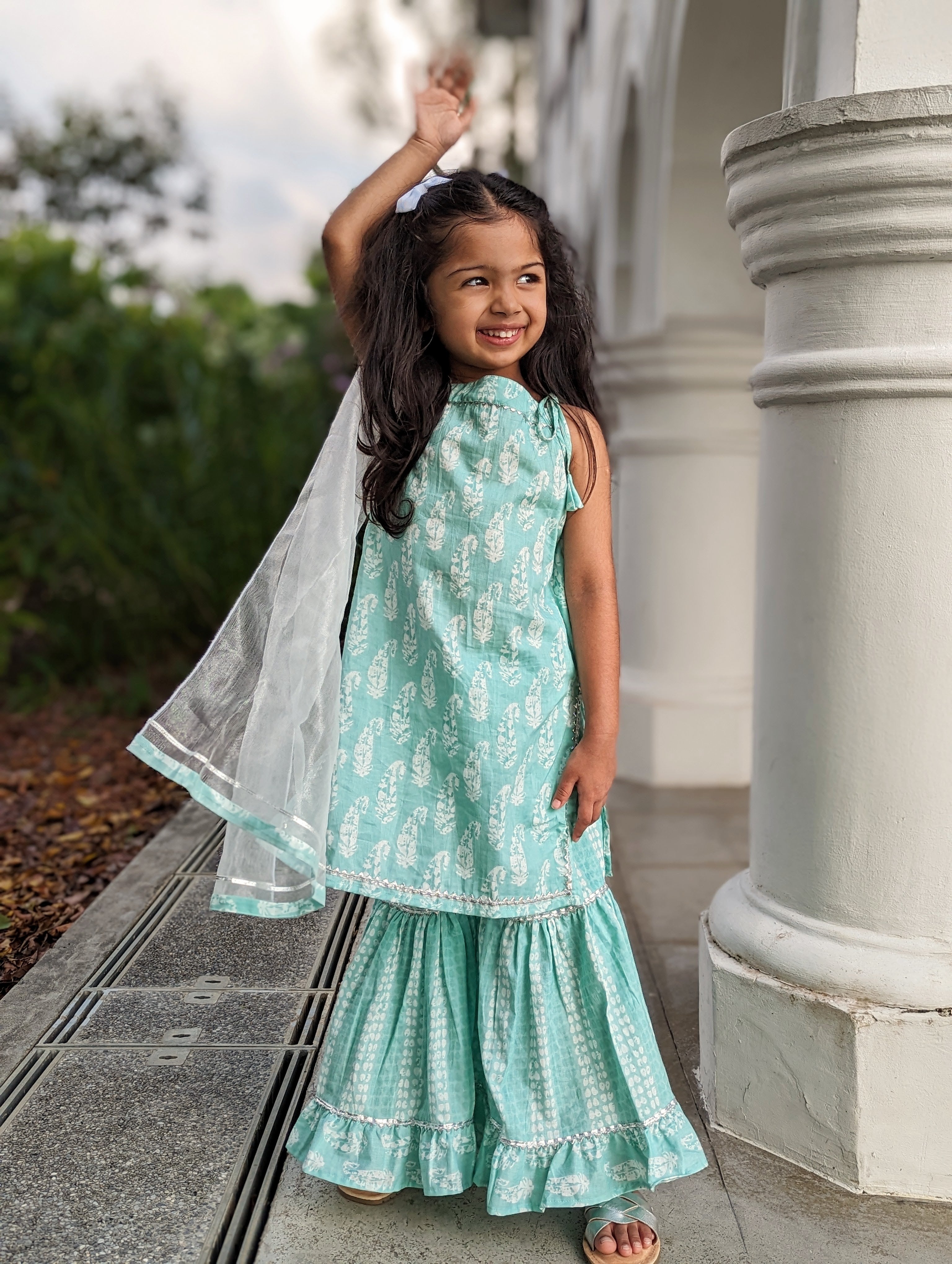 Sea Breeze Paisley Girls Sharara Set in Blue Nimbu Kids Singapore