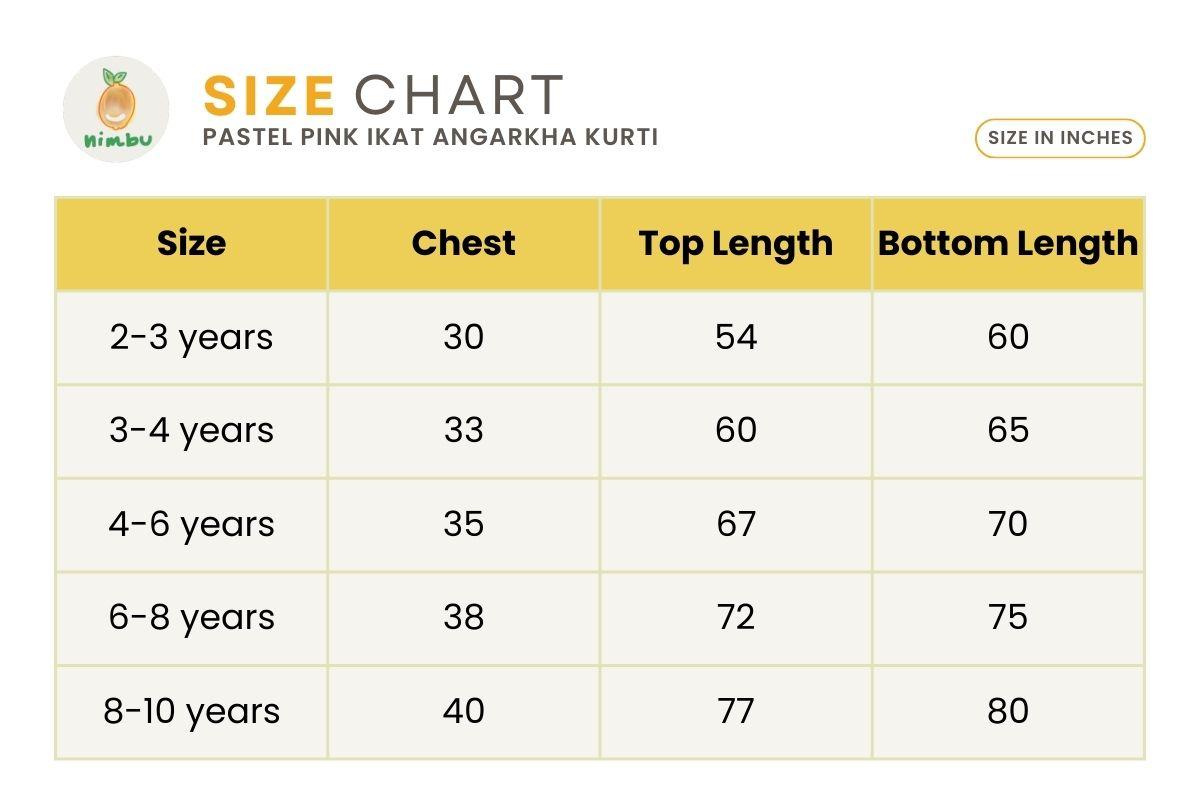 Size guide for Pastel Pink Ikat Angarkha Kurti with Unicorn Colour Tassels