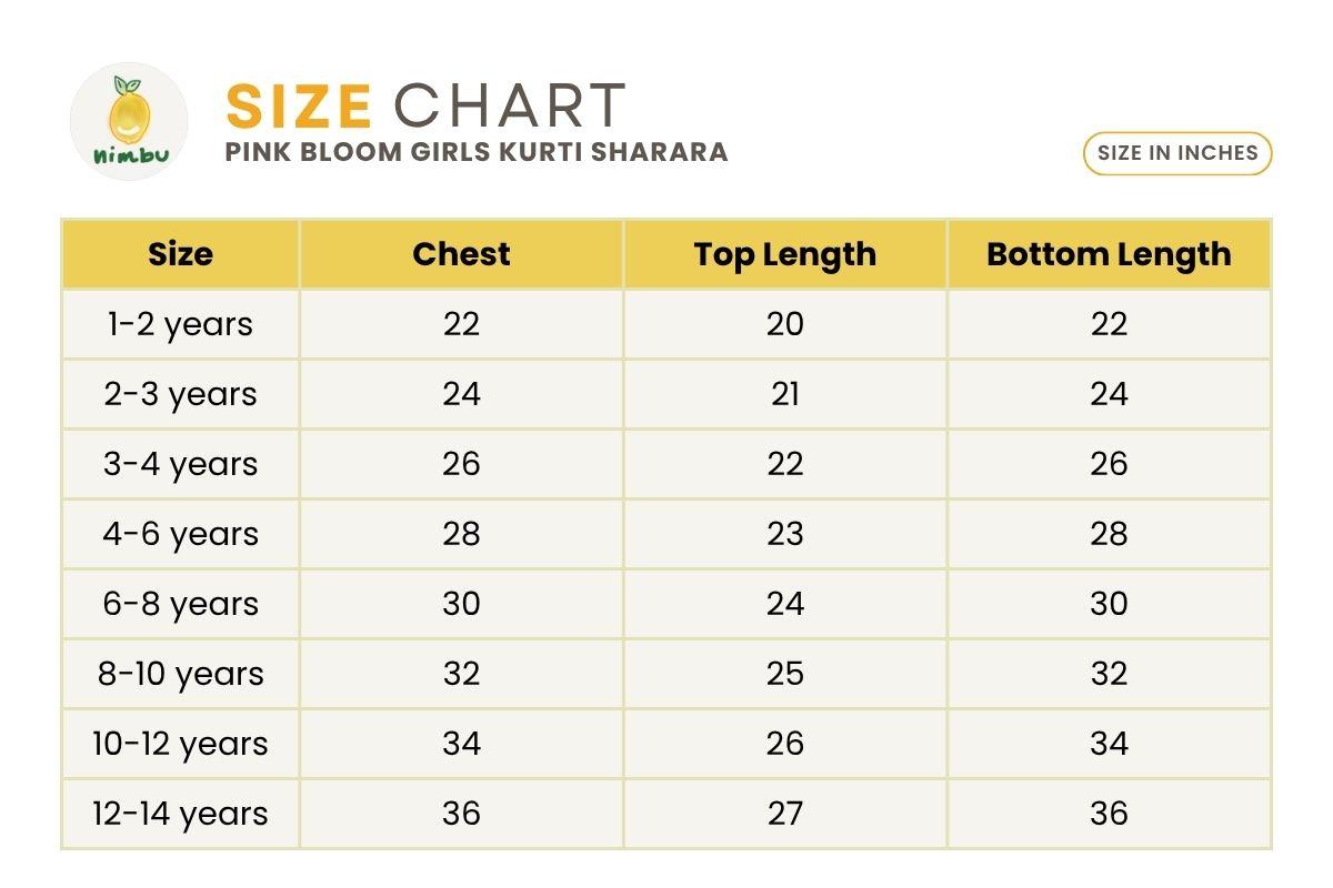 Size guide for Pink Bloom Cotton Girls Kurti Sharara with matching Dupatta