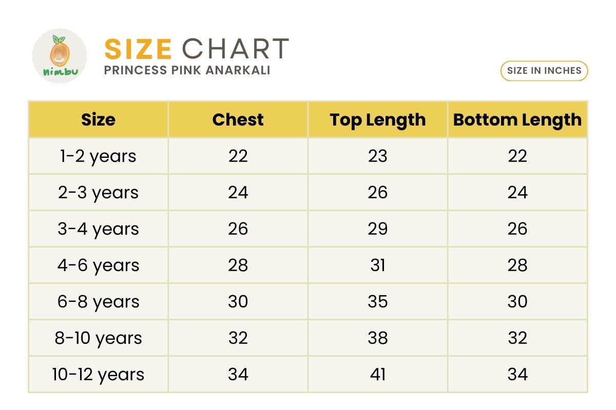 Princess Pink Anarkali Size Chart