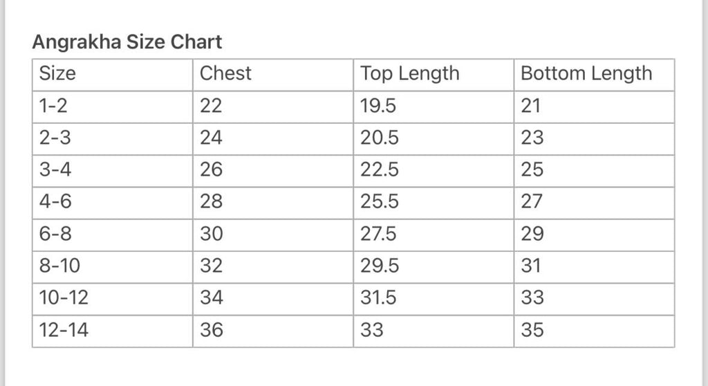 Radha Angrakha Size Chart