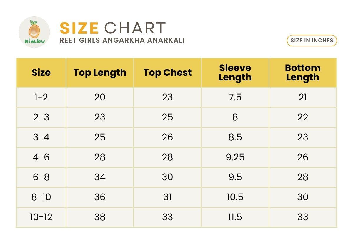 Size guide for Reet Red Girls Handblock Angarkha Anarkali With Pants in Cotton