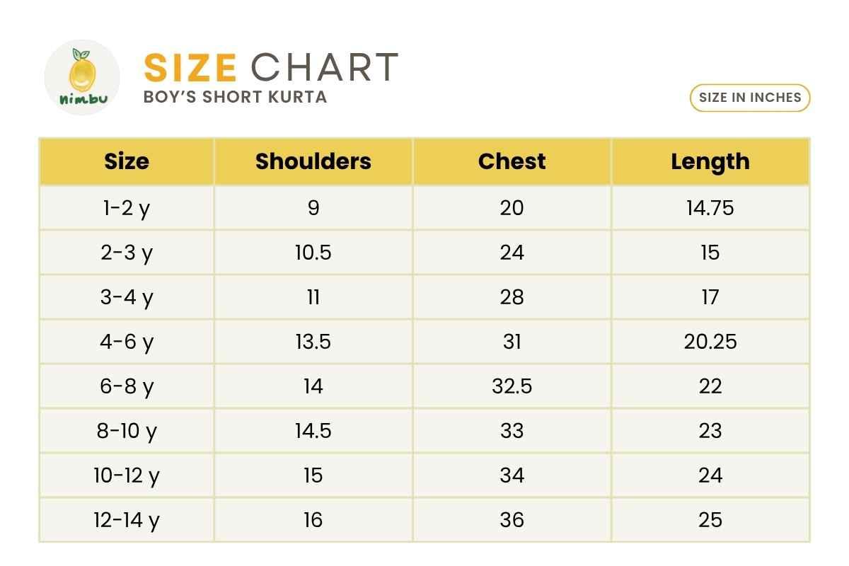Size guide for Rian Boys' Short Kurta in Blue & Grey