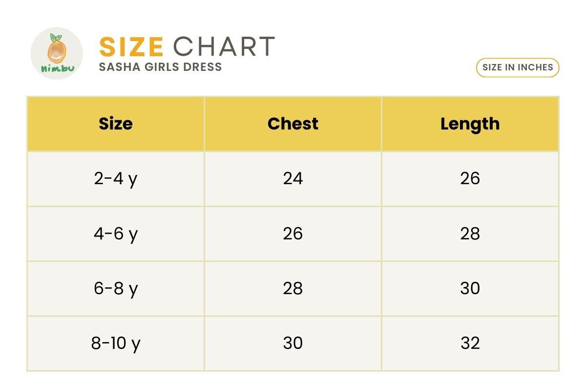 Size guide for Sasha Pink Polka Girls Long Dress in Cotton