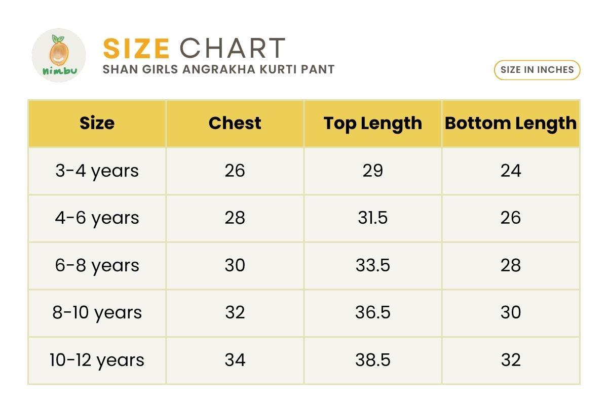 Size guide for Shan Green Girls Angrakha Kurti Pant with Dupatta Set in Muslin Cotton