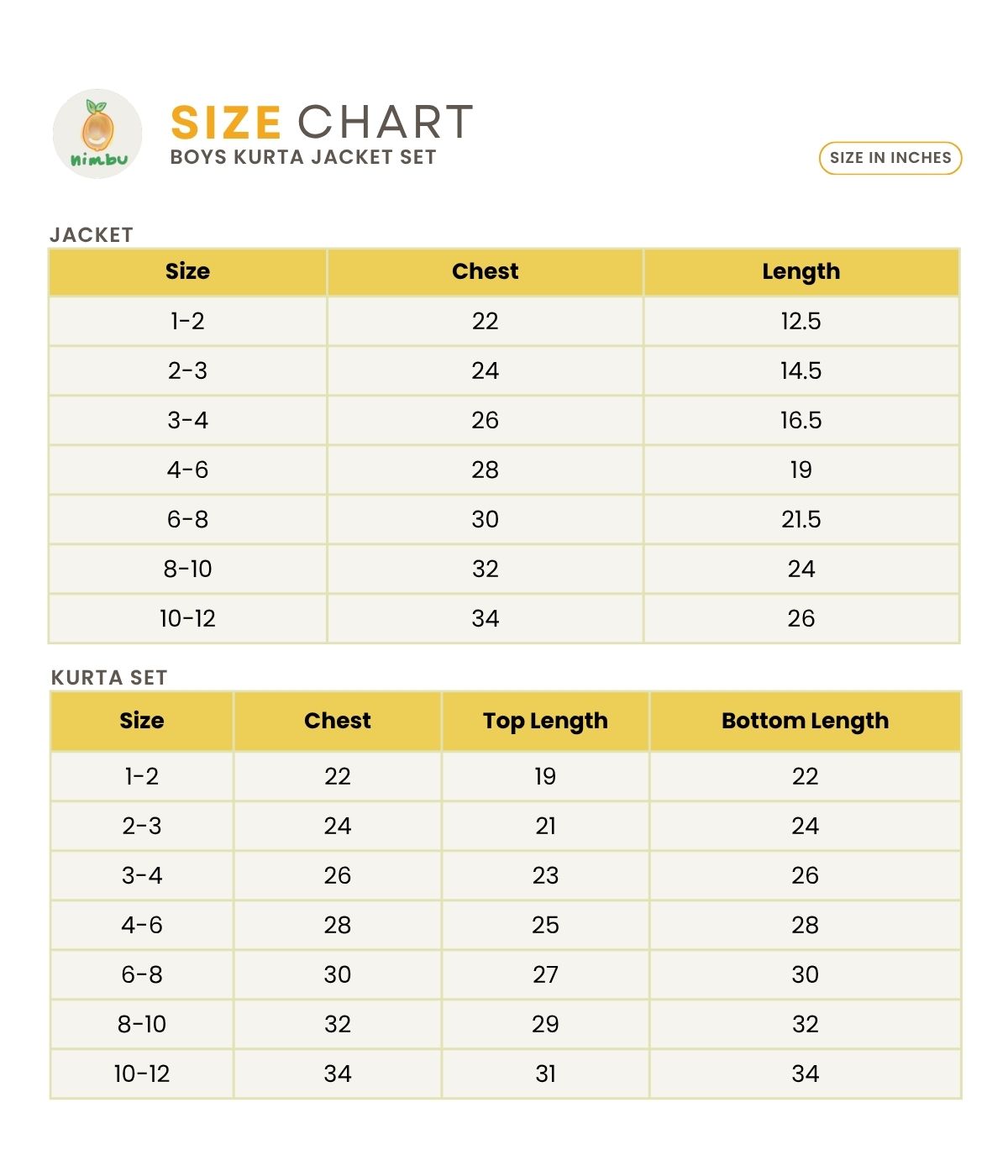 Size guide for Nia Boys Kurta Pajama Jacket set in Muslin Cotton