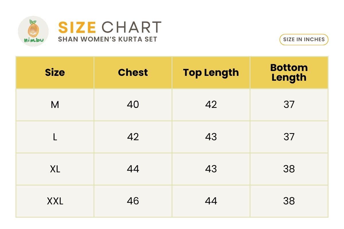 Size guide for Shan Green Women's 3pc Kurta set with Dupatta in Muslin Cotton