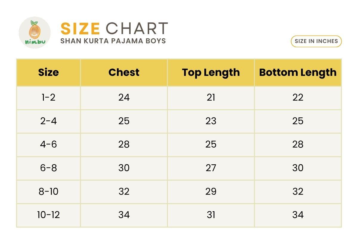 Size guide for Shan Boys Muslin Cotton Kurta Pajama in Green Paisley