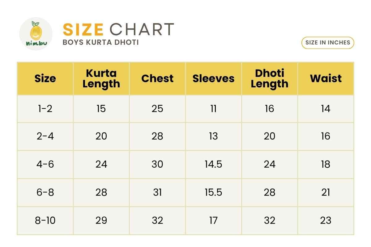 Size guide for Aza White Boys Kurta Dhoti