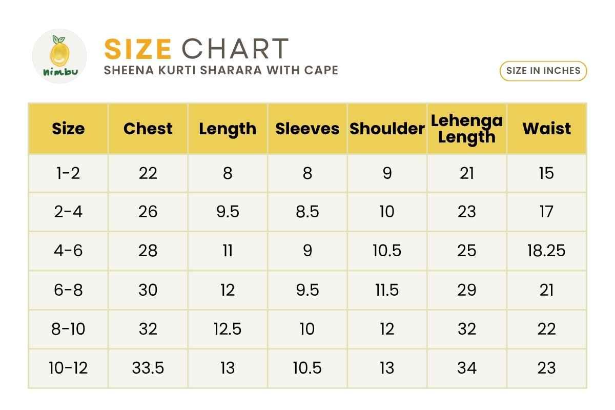 Size guide for Sheena Pink Girls Choli Sharara with Cape in Cotton