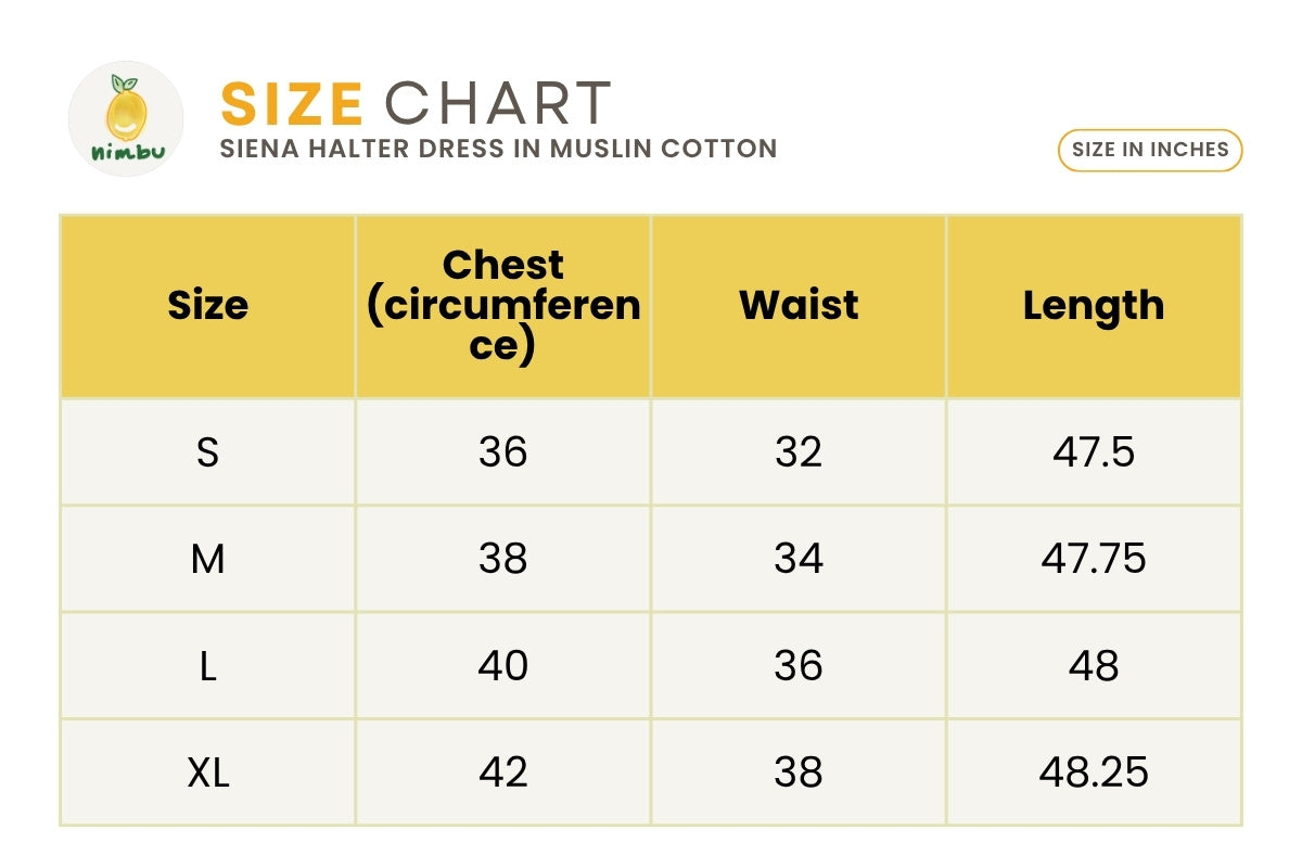 Size guide for Siena Turqoise Halter Dress for Women in Muslin Cotton