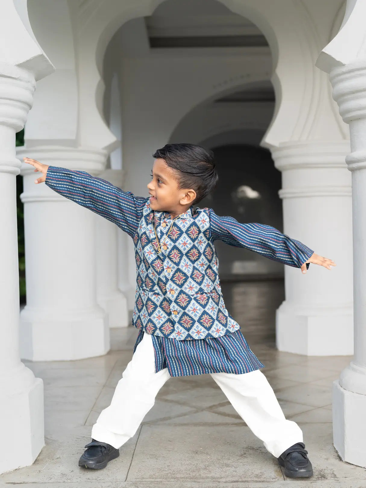 Tara Blue Boys Kurta Pajama Jacket in Muslin Cotton Nimbu