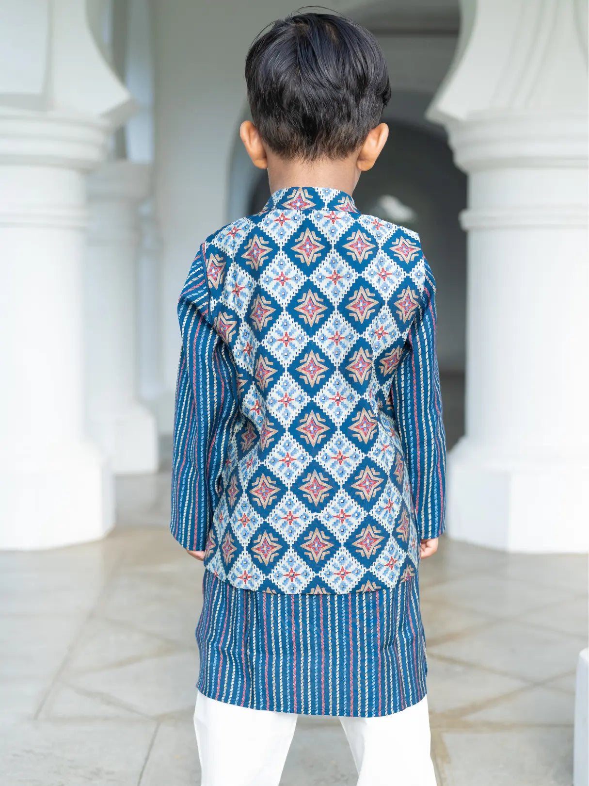 Tara Blue Boys Kurta Pajama Jacket in Muslin Cotton Nimbu