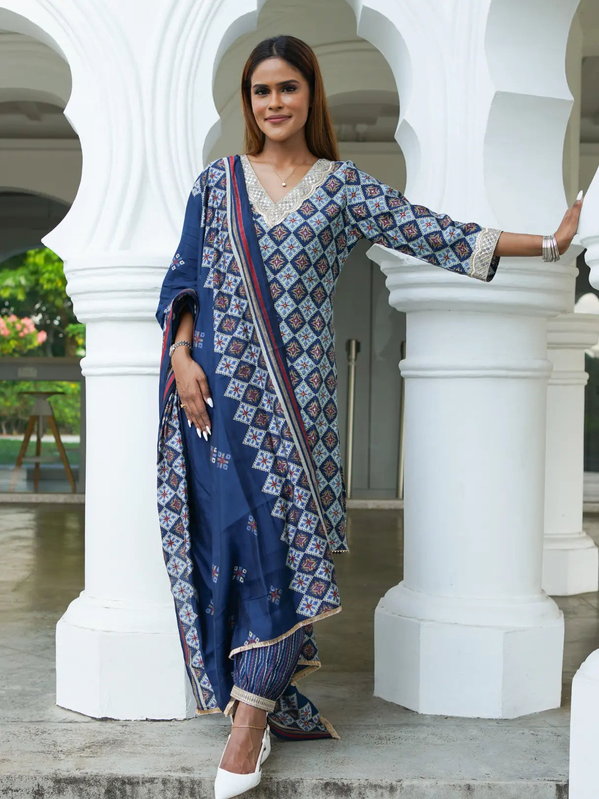 Tara Blue Women's Choga Style Kurti & Salwar Set in Muslin Cotton with Matching Dupatta Nimbu
