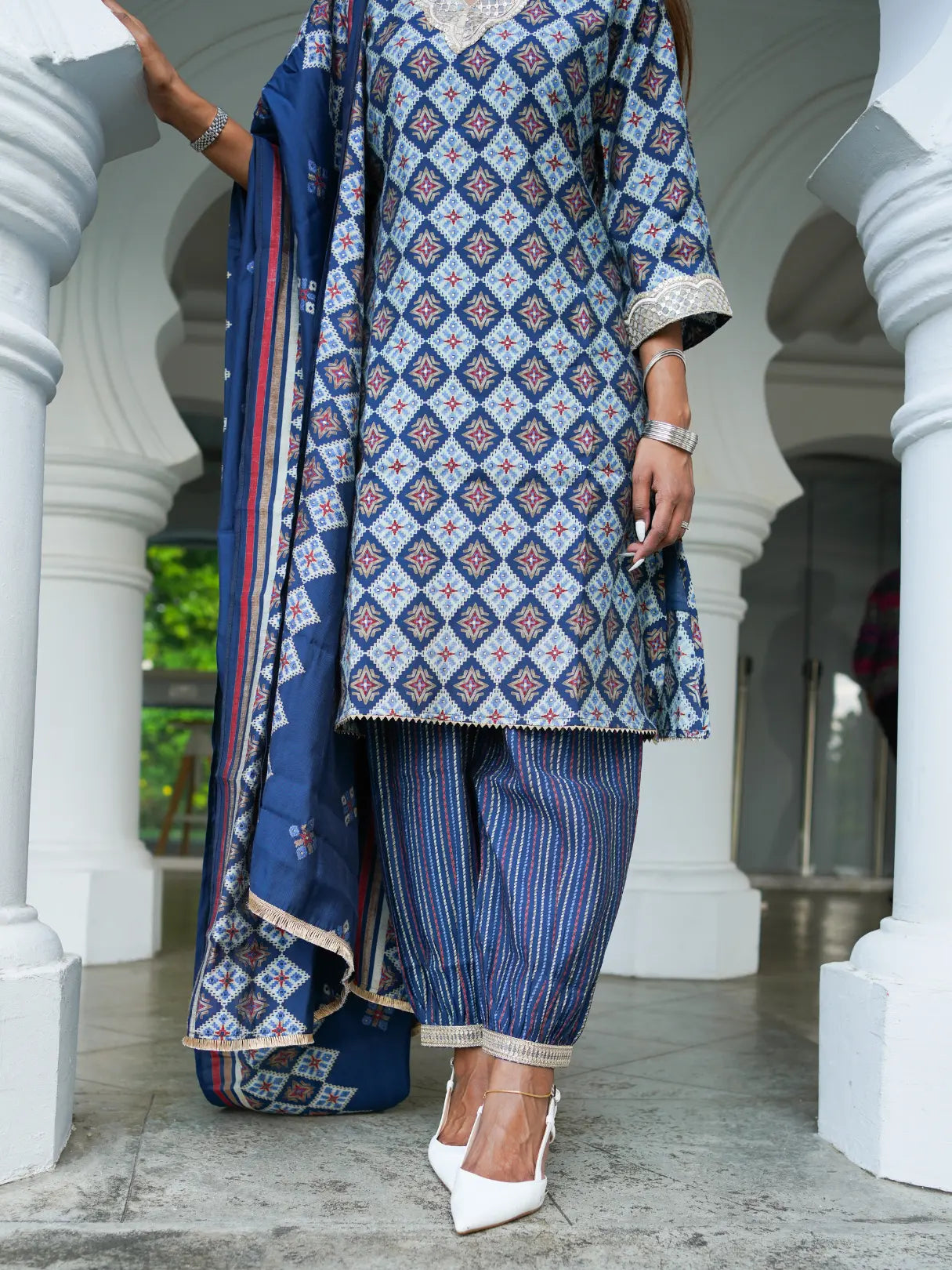 Tara Blue Women's Choga Style Kurti & Salwar Set in Muslin Cotton with Matching Dupatta Nimbu