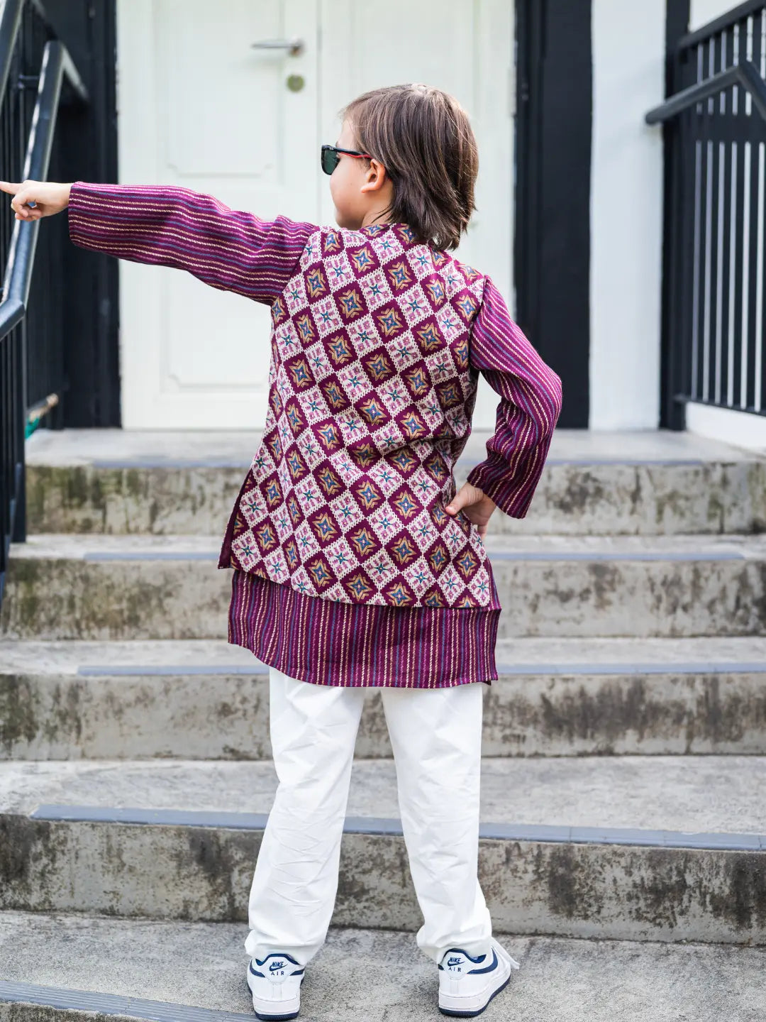 Tara Purple Boys Kurta Pajama Jacket in Muslin Cotton Nimbu