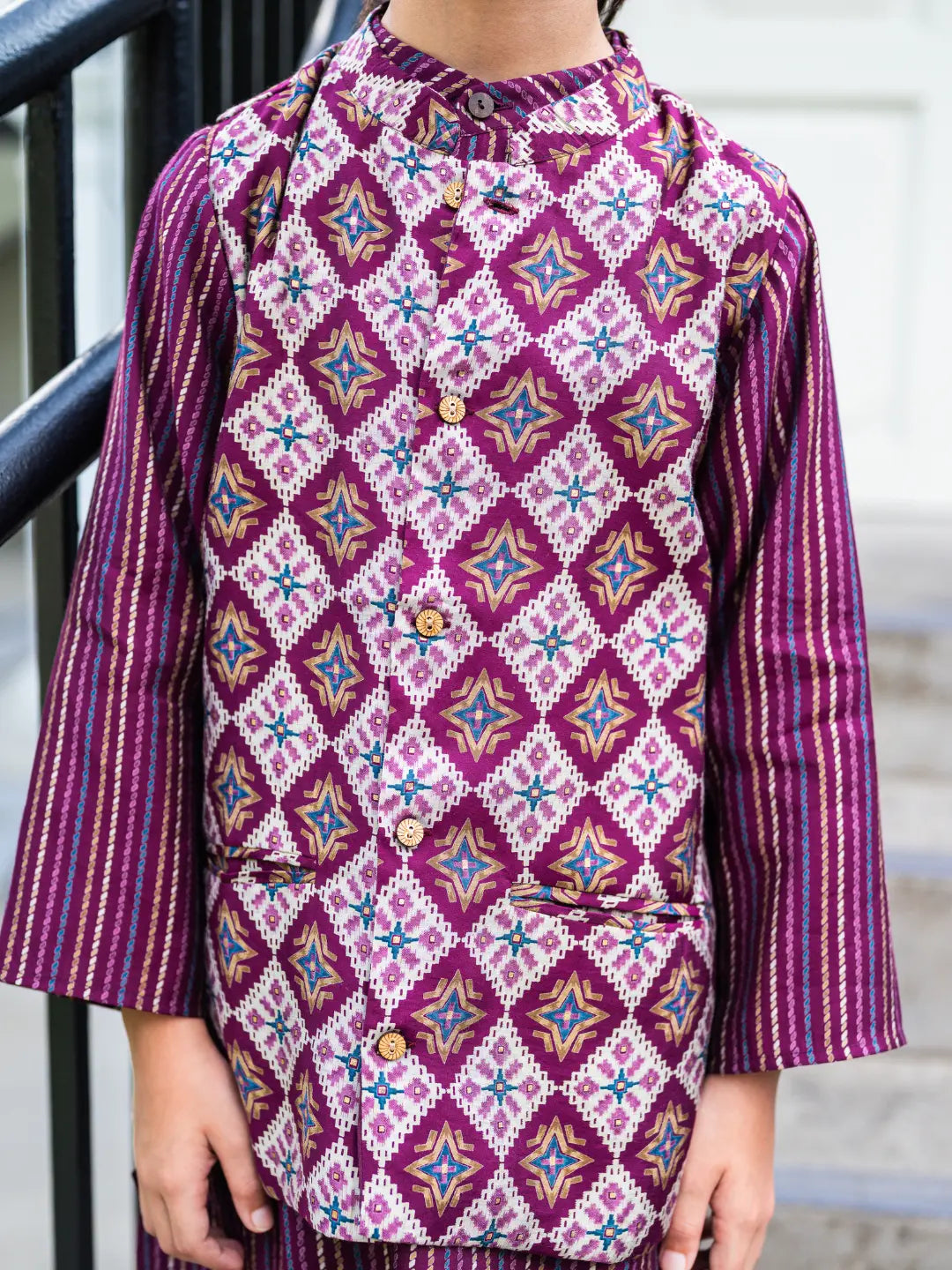Tara Purple Boys Kurta Pajama Jacket in Muslin Cotton Nimbu