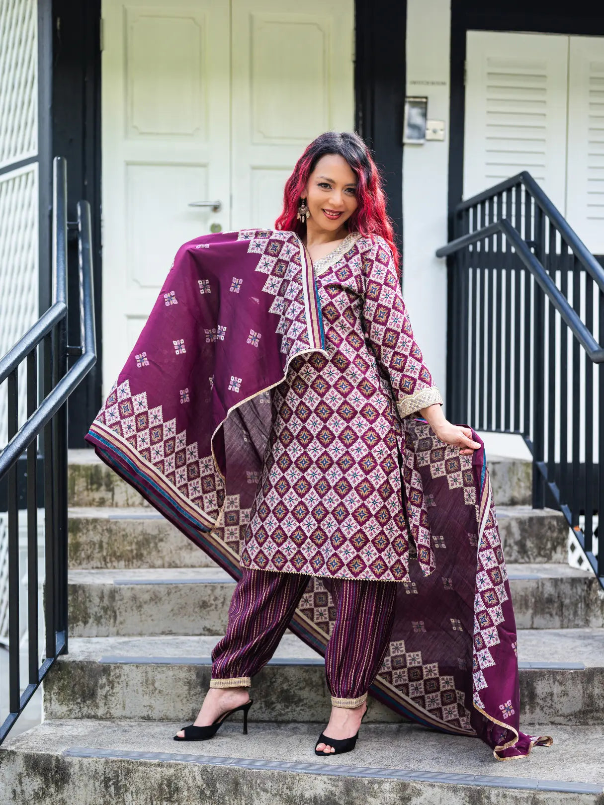 Tara Purple Women's Choga Style Kurti & Salwar Set in Muslin Cotton with Matching Dupatta Nimbu