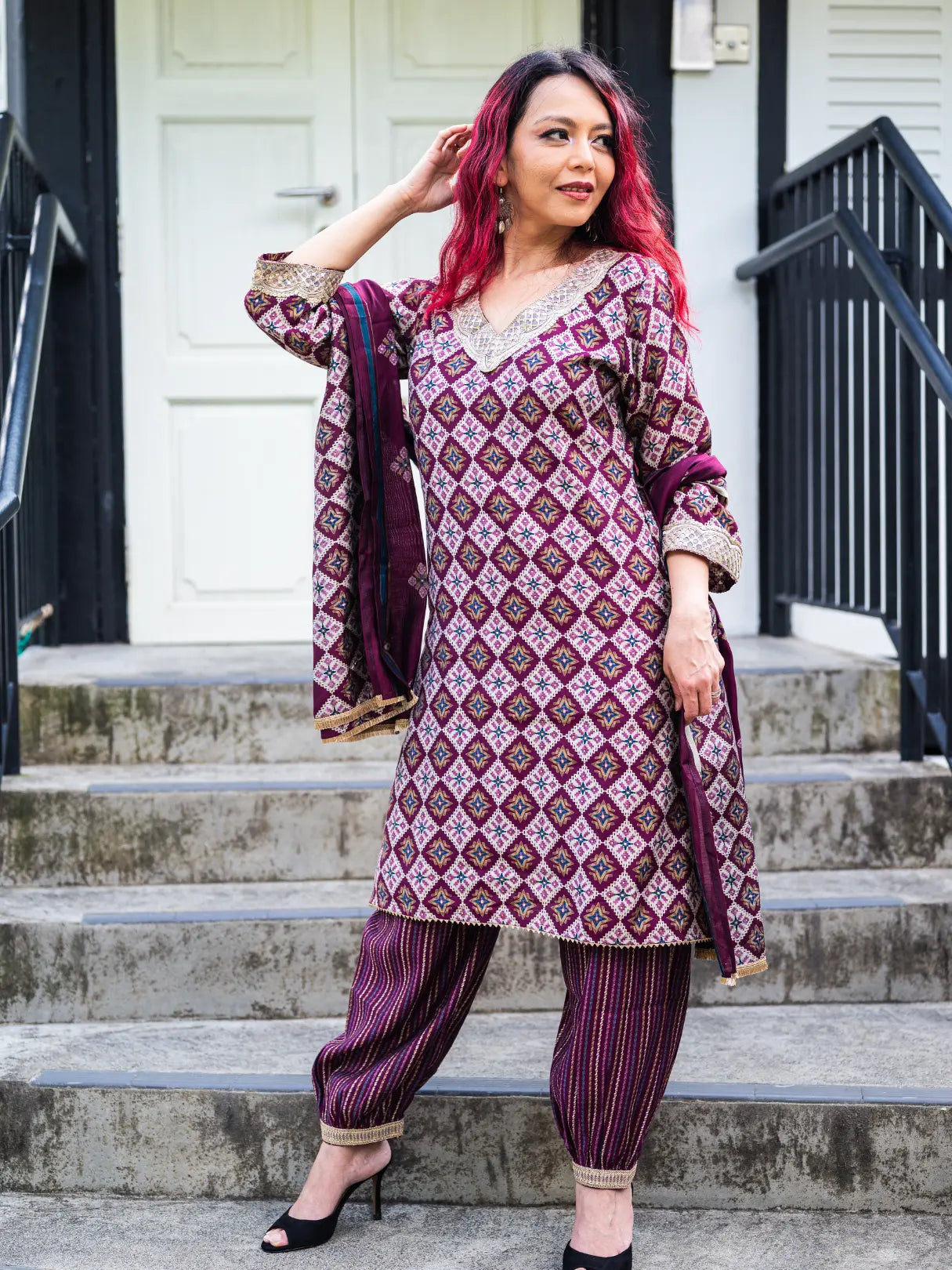 Tara Purple Women's Choga Style Kurti & Salwar Set in Muslin Cotton with Matching Dupatta Nimbu