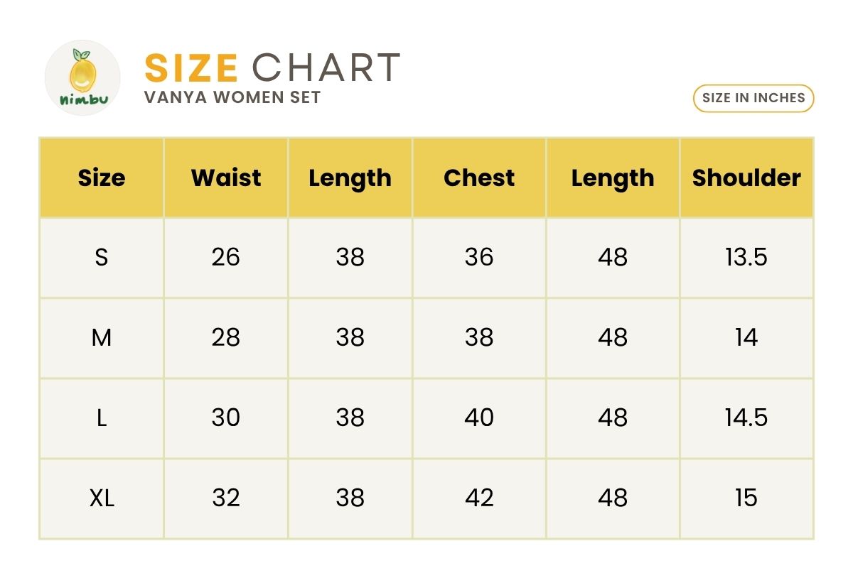 Size guide for Vanya Ruby Pink Women Kurti & Palazzo Set in Cotton