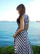 Blue and white striped cotton dress for women with a sustainable obi belt, sleeveless and casual style.
