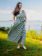 Green and white striped sustainable cotton dress with obi belt, sleeveless casual women’s midi dress.