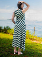 Green and white striped sustainable cotton women’s wave dress with obi belt, sleeveless and ankle-length.
