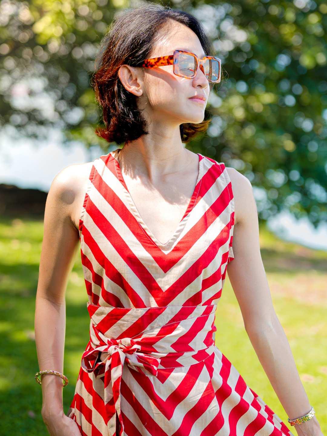 Red and white striped cotton sleeveless dress with V-neck and sustainable obi belt for women.