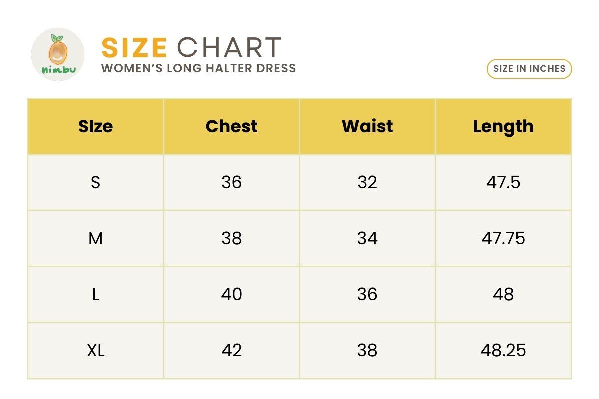 Size guide for Eden Lagoon Women's Long Halter Dress in Turquoise in Muslin Cotton